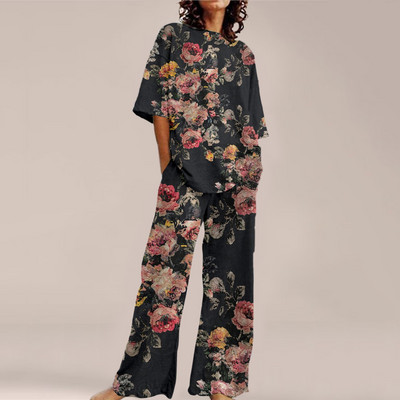 Femei de vară Imprime Seturi ample cu gât rotund Top cu mânecă scurtă și pantaloni cu picioare late Costume Causal Streetwear Seturi elegante de birou