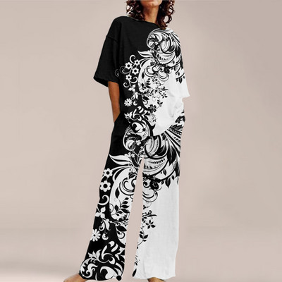 Femei de vară Imprime Seturi ample cu gât rotund Top cu mânecă scurtă și pantaloni cu picioare late Costume Causal Streetwear Seturi elegante de birou
