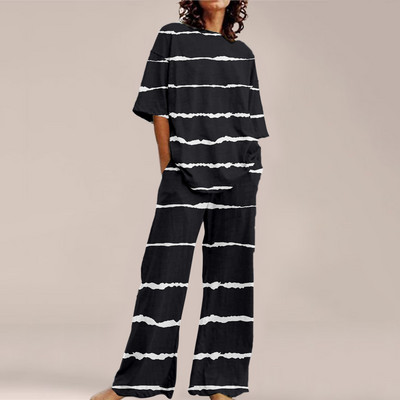 Femei de vară Imprime Seturi ample cu gât rotund Top cu mânecă scurtă și pantaloni cu picioare late Costume Causal Streetwear Seturi elegante de birou