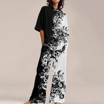 Femei de vară Imprime Seturi ample cu gât rotund Top cu mânecă scurtă și pantaloni cu picioare late Costume Causal Streetwear Seturi elegante de birou