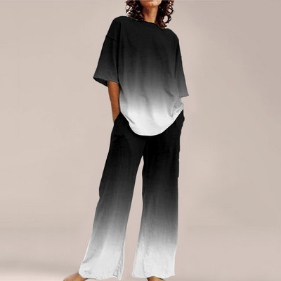 Femei de vară Imprime Seturi ample cu gât rotund Top cu mânecă scurtă și pantaloni cu picioare late Costume Causal Streetwear Seturi elegante de birou