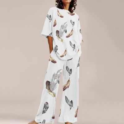Femei de vară Imprime Seturi ample cu gât rotund Top cu mânecă scurtă și pantaloni cu picioare late Costume Causal Streetwear Seturi elegante de birou