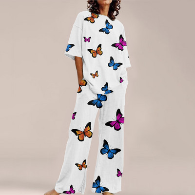 Femei de vară Imprime Seturi ample cu gât rotund Top cu mânecă scurtă și pantaloni cu picioare late Costume Causal Streetwear Seturi elegante de birou