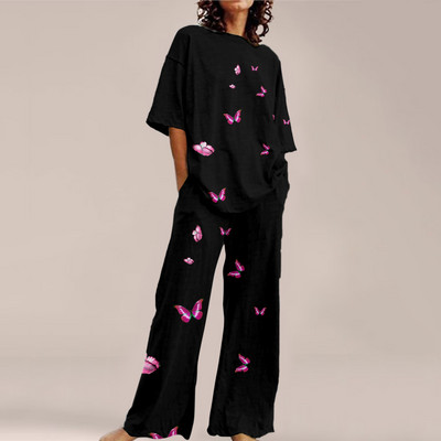 Femei de vară Imprime Seturi ample cu gât rotund Top cu mânecă scurtă și pantaloni cu picioare late Costume Causal Streetwear Seturi elegante de birou