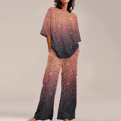 Femei de vară Imprime Seturi ample cu gât rotund Top cu mânecă scurtă și pantaloni cu picioare late Costume Causal Streetwear Seturi elegante de birou
