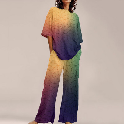 Femei de vară Imprime Seturi ample cu gât rotund Top cu mânecă scurtă și pantaloni cu picioare late Costume Causal Streetwear Seturi elegante de birou