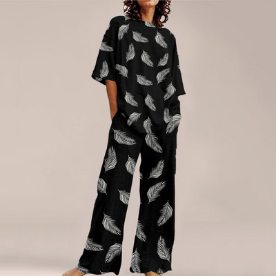 Femei de vară Imprime Seturi ample cu gât rotund Top cu mânecă scurtă și pantaloni cu picioare late Costume Causal Streetwear Seturi elegante de birou