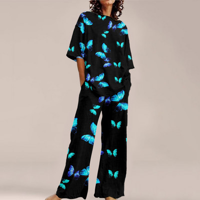 Femei de vară Imprime Seturi ample cu gât rotund Top cu mânecă scurtă și pantaloni cu picioare late Costume Causal Streetwear Seturi elegante de birou