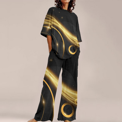 Femei de vară Imprime Seturi ample cu gât rotund Top cu mânecă scurtă și pantaloni cu picioare late Costume Causal Streetwear Seturi elegante de birou