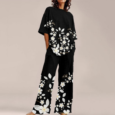 Femei de vară Imprime Seturi ample cu gât rotund Top cu mânecă scurtă și pantaloni cu picioare late Costume Causal Streetwear Seturi elegante de birou