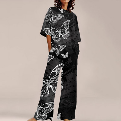 Femei de vară Imprime Seturi ample cu gât rotund Top cu mânecă scurtă și pantaloni cu picioare late Costume Causal Streetwear Seturi elegante de birou