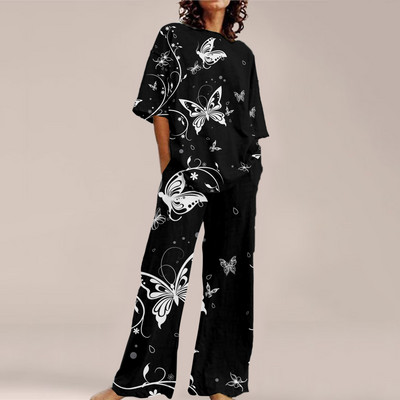 Femei de vară Imprime Seturi ample cu gât rotund Top cu mânecă scurtă și pantaloni cu picioare late Costume Causal Streetwear Seturi elegante de birou
