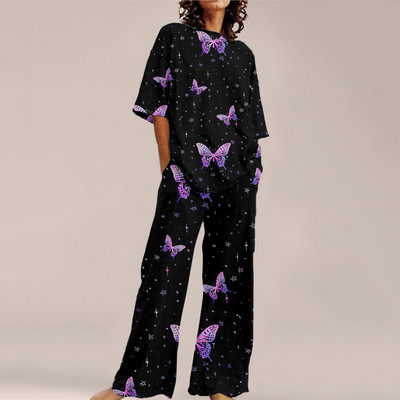 Femei de vară Imprime Seturi ample cu gât rotund Top cu mânecă scurtă și pantaloni cu picioare late Costume Causal Streetwear Seturi elegante de birou