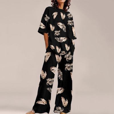 Femei de vară Imprime Seturi ample cu gât rotund Top cu mânecă scurtă și pantaloni cu picioare late Costume Causal Streetwear Seturi elegante de birou