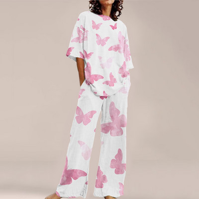 Femei de vară Imprime Seturi ample cu gât rotund Top cu mânecă scurtă și pantaloni cu picioare late Costume Causal Streetwear Seturi elegante de birou