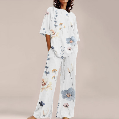 Femei de vară Imprime Seturi ample cu gât rotund Top cu mânecă scurtă și pantaloni cu picioare late Costume Causal Streetwear Seturi elegante de birou