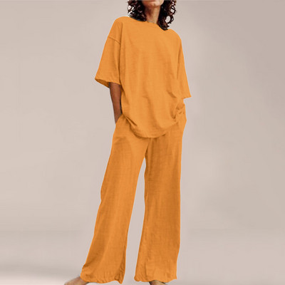 Femei de vară Imprime Seturi ample cu gât rotund Top cu mânecă scurtă și pantaloni cu picioare late Costume Causal Streetwear Seturi elegante de birou