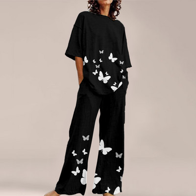 Femei de vară Imprime Seturi ample cu gât rotund Top cu mânecă scurtă și pantaloni cu picioare late Costume Causal Streetwear Seturi elegante de birou