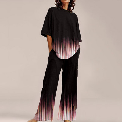Femei de vară Imprime Seturi ample cu gât rotund Top cu mânecă scurtă și pantaloni cu picioare late Costume Causal Streetwear Seturi elegante de birou