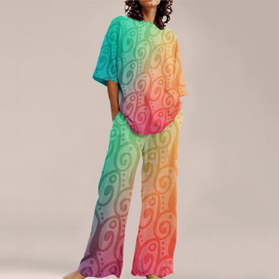 Femei de vară Imprime Seturi ample cu gât rotund Top cu mânecă scurtă și pantaloni cu picioare late Costume Causal Streetwear Seturi elegante de birou