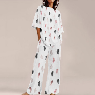Femei de vară Imprime Seturi ample cu gât rotund Top cu mânecă scurtă și pantaloni cu picioare late Costume Causal Streetwear Seturi elegante de birou