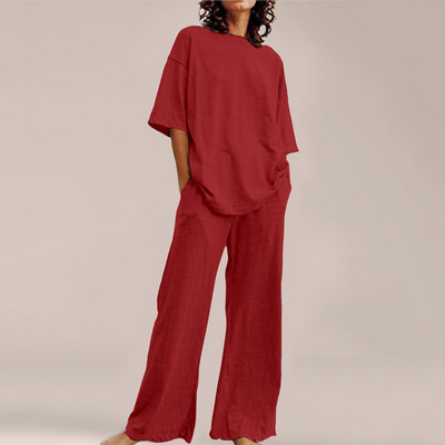 Femei de vară Imprime Seturi ample cu gât rotund Top cu mânecă scurtă și pantaloni cu picioare late Costume Causal Streetwear Seturi elegante de birou