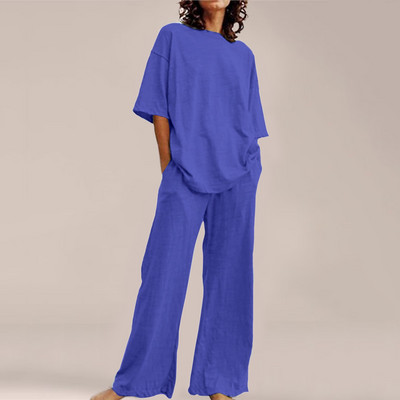 Femei de vară Imprime Seturi ample cu gât rotund Top cu mânecă scurtă și pantaloni cu picioare late Costume Causal Streetwear Seturi elegante de birou