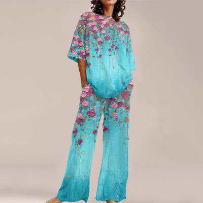 Femei de vară Imprime Seturi ample cu gât rotund Top cu mânecă scurtă și pantaloni cu picioare late Costume Causal Streetwear Seturi elegante de birou