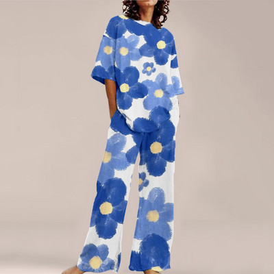 Femei de vară Imprime Seturi ample cu gât rotund Top cu mânecă scurtă și pantaloni cu picioare late Costume Causal Streetwear Seturi elegante de birou