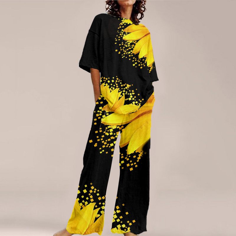 Suvised naiste prinditud lahtised komplektid, ümara kaelusega lühikeste varrukatega ülaosa ja laia säärega püksid, kostüümid põhjuslikud tänavarõivad, elegantsed kontorikomplektid