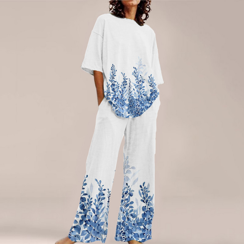 Suvised naiste prinditud lahtised komplektid, ümara kaelusega lühikeste varrukatega ülaosa ja laia säärega püksid, kostüümid põhjuslikud tänavarõivad, elegantsed kontorikomplektid