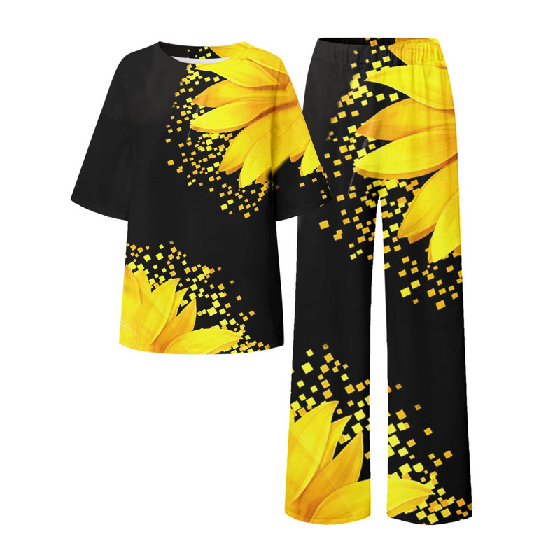 Suvised naiste prinditud lahtised komplektid, ümara kaelusega lühikeste varrukatega ülaosa ja laia säärega püksid, kostüümid põhjuslikud tänavarõivad, elegantsed kontorikomplektid