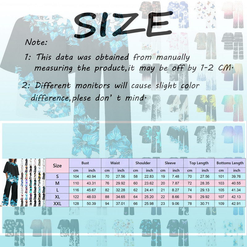 Suvised naiste prinditud lahtised komplektid, ümara kaelusega lühikeste varrukatega ülaosa ja laia säärega püksid, kostüümid põhjuslikud tänavarõivad, elegantsed kontorikomplektid