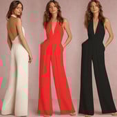 Žemo kirpimo apynasris V kaklo plačios kojos Maxi grindų ilgio kombinezonas moterims be rankovių šliaužtinukai be nugaros, elegantiškas kombinezonas vasaros biurui