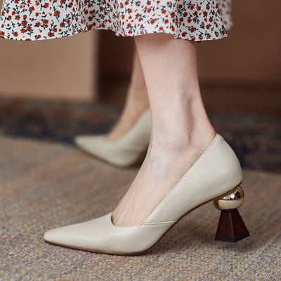 Moteriški „Desinger Pumps“ auksiniai rutuliniai aukštakulniai su smailiu pirštu Keisto stiliaus valties batai Sekli odiniai batai moterims, pavasaris 1218N