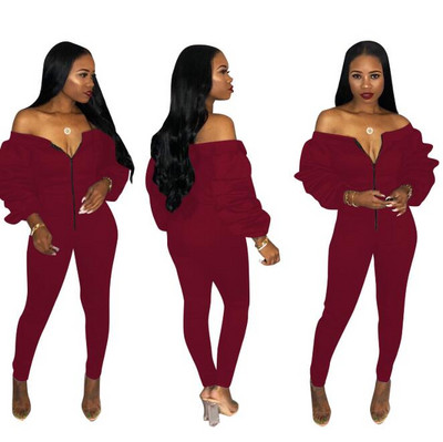 Ženski ležerni kombinezon s patentnim zatvaračem s prednjim ukošenim izrezom s otvorenim ramenima i dugim puf rukavima, debelim kombinezonima, modnim ženskim kombinezonima