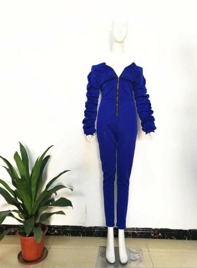 Ženski ležerni kombinezon s patentnim zatvaračem s prednjim ukošenim izrezom s otvorenim ramenima i dugim puf rukavima, debelim kombinezonima, modnim ženskim kombinezonima