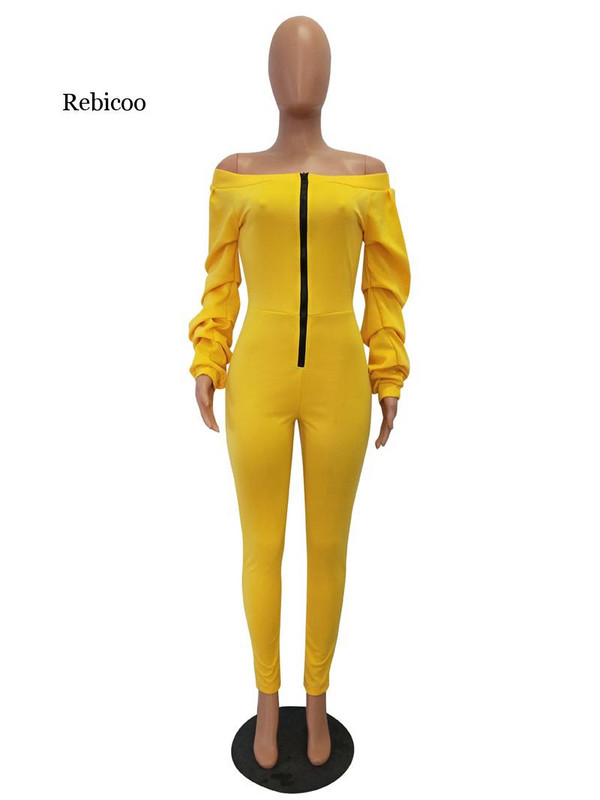 Ženski ležerni kombinezon s patentnim zatvaračem s prednjim ukošenim izrezom s otvorenim ramenima i dugim puf rukavima, debelim kombinezonima, modnim ženskim kombinezonima