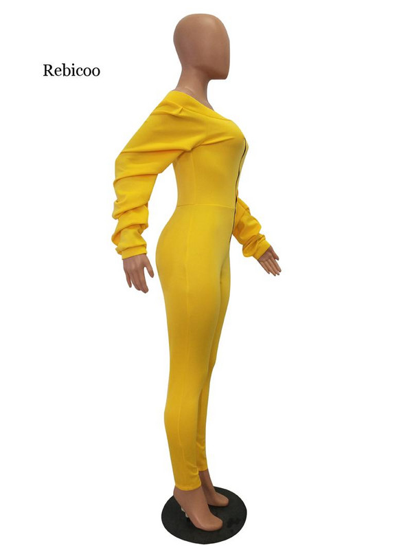 Ženski ležerni kombinezon s patentnim zatvaračem s prednjim ukošenim izrezom s otvorenim ramenima i dugim puf rukavima, debelim kombinezonima, modnim ženskim kombinezonima