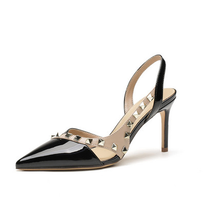 Nauji moteriški pompos smailūs sandalai, kniedės, lakinės odos aukštakulniai batai, ploni kulniukai, suknelė, avalynė, raudoni, stiletai, juodi, 1364N