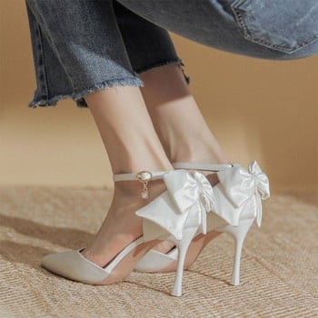 Дамски сватбени обувки Бяла задна панделка с каишка за глезена Помпи Сандали с високи токчета Дамски булчински обувки с тънък ток Дизайнерски остри пръсти 9924N