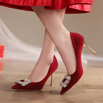 Плюс размер 35-42 Дамски помпи с копчета с кристали Червени сватбени обувки с високи токчета Обувки тип лодка с остри пръсти Кристални обувки 1634N