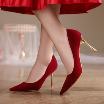 Плюс размер 35-42 Дамски помпи с копчета с кристали Червени сватбени обувки с високи токчета Обувки тип лодка с остри пръсти Кристални обувки 1634N