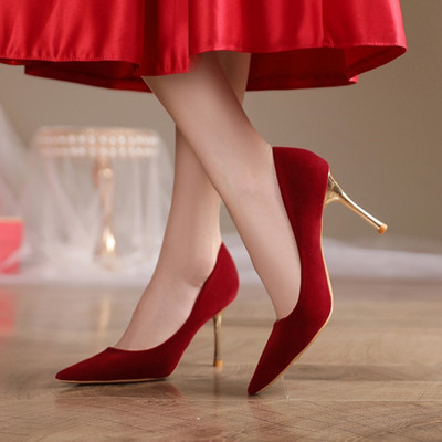 Marime Plus 35-42 Pompe de damă cu nasturi cu strasuri, pantofi de nuntă cu tocuri înalte roșii, pantofi de barcă cu vârf ascuțit, pantofi cu cristal 1634N