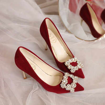 Marime Plus 35-42 Pompe de damă cu nasturi cu strasuri, pantofi de nuntă cu tocuri înalte roșii, pantofi de barcă cu vârf ascuțit, pantofi cu cristal 1634N