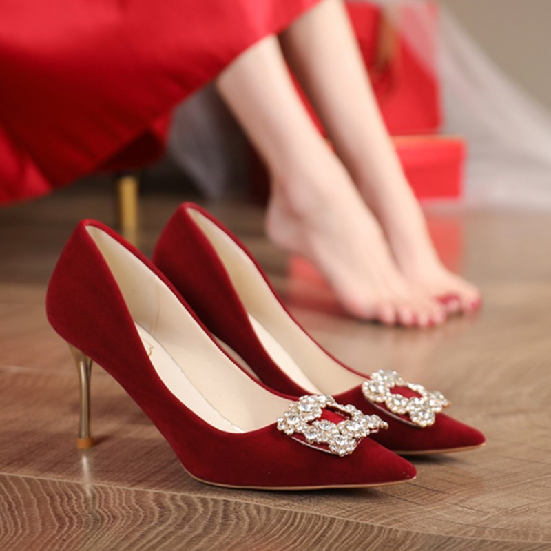 Marime Plus 35-42 Pompe de damă cu nasturi cu strasuri, pantofi de nuntă cu tocuri înalte roșii, pantofi de barcă cu vârf ascuțit, pantofi cu cristal 1634N