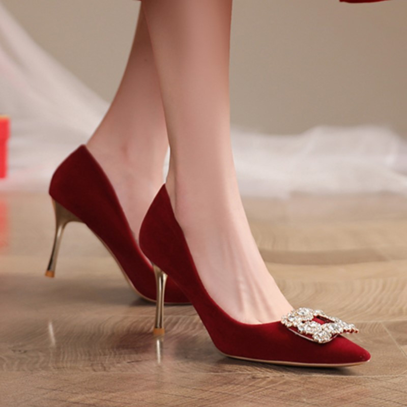 Marime Plus 35-42 Pompe de damă cu nasturi cu strasuri, pantofi de nuntă cu tocuri înalte roșii, pantofi de barcă cu vârf ascuțit, pantofi cu cristal 1634N