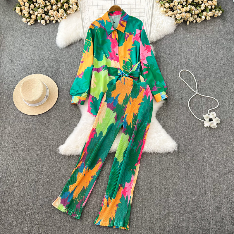 LKF madingas kostiumas moteriškas laisvalaikio laisvos ilgos rankovės vienaeiliai marškinėliai Dviejų dalių aukšto juosmens plonas kaklaraištis dažais margintos plačios kelnės