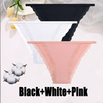 3PCS Dámske sexy čipkované nohavičky Bavlnené spodné prádlo Jednofarebné bikiny s nízkym pásom Breathbale Spodné nohavičky Dámske mäkké spodné prádlo