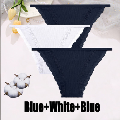 3PCS Dámske sexy čipkované nohavičky Bavlnené spodné prádlo Jednofarebné bikiny s nízkym pásom Breathbale Spodné nohavičky Dámske mäkké spodné prádlo